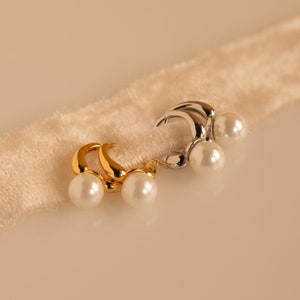 Pearl Drop Huggies by Caitlyn Minimalist Dainty Huggie Earrings in Gold Pearl Hoop Earrings Bridesmaid Jewelry Gift for Her ER370 image 8