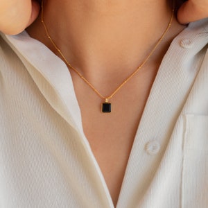 Black Pendant Necklace by Caitlyn Minimalist Statement Black Enamel Square Charm with Satellite Chain Gift for Her NR106 image 3