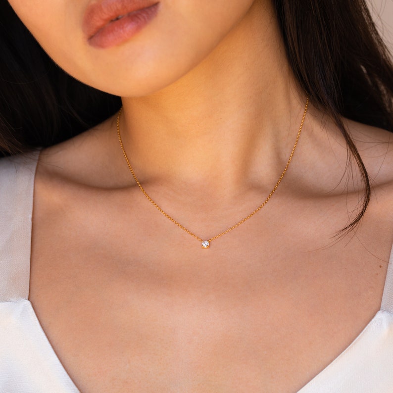 Dainty Diamond Necklace Floating Diamond Solitaire Necklace Minimalist Jewelry Bridesmaid Necklace Gift for Her NR048 image 7