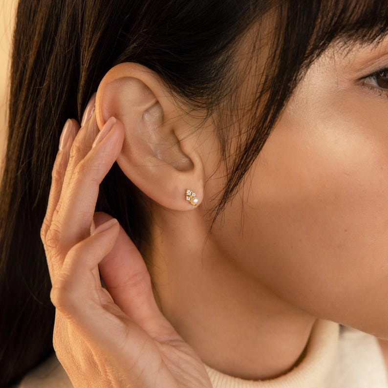Pearl & Diamond Stud Earrings by Caitlyn Minimalist • Dainty Elegant Earrings • Wedding Earrings • Bridal Jewelry • Gift for Wife • ER298 image 4
