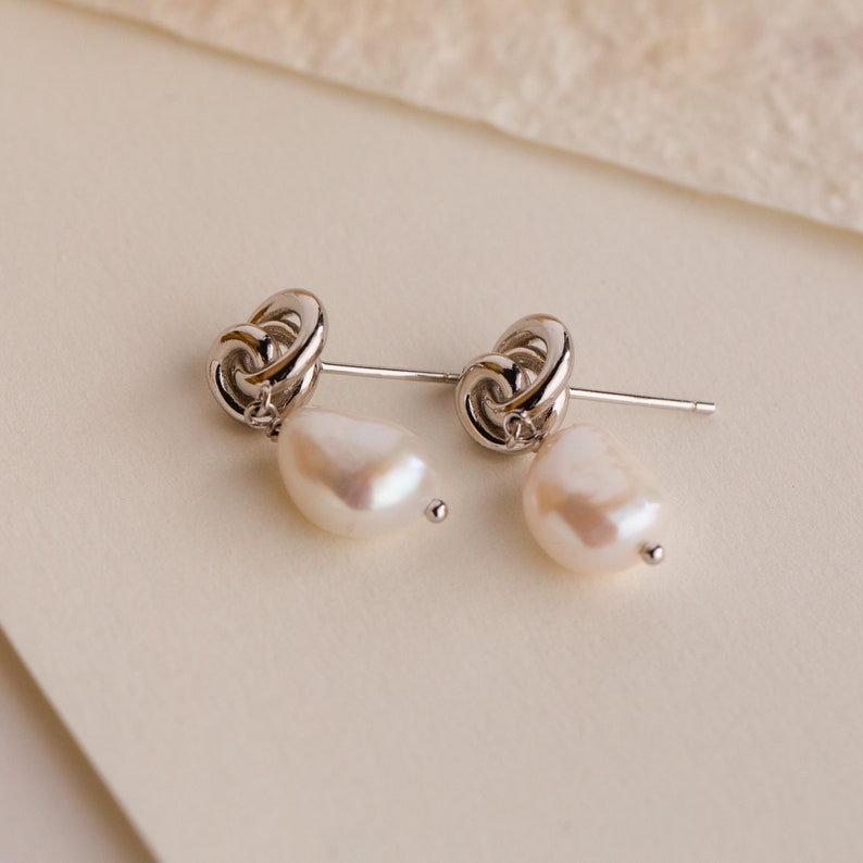Knot Pearl Drop Earrings by Caitlyn Minimalist Perfect Bride Gift Gift for Mom Minimalist Celtic Knot Dangle Stud Earrings ER222 image 5