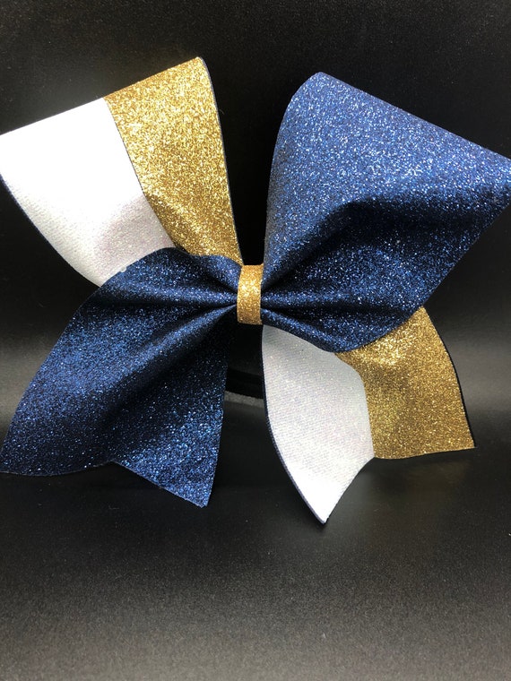 Navy Blue, Gold and White Glitter Cheer Bow- Personalized  display picture 1