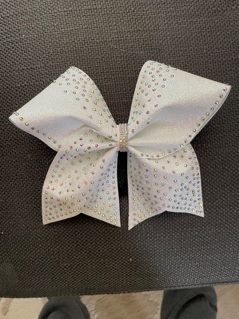 White Rhinestones Cheer Bow- White Glitter Cheer Bow- Competition Cheer ...