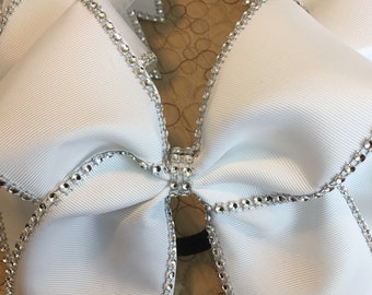 White Rhinestone Cheer Bow – Large Grosgrain Ribbon Hair Bow