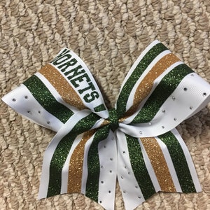 white, green and gold Glitter Cheer Bow- rhinestones cheer bow -Personalize cheer bow- team cheer bow- sideline cheer bow