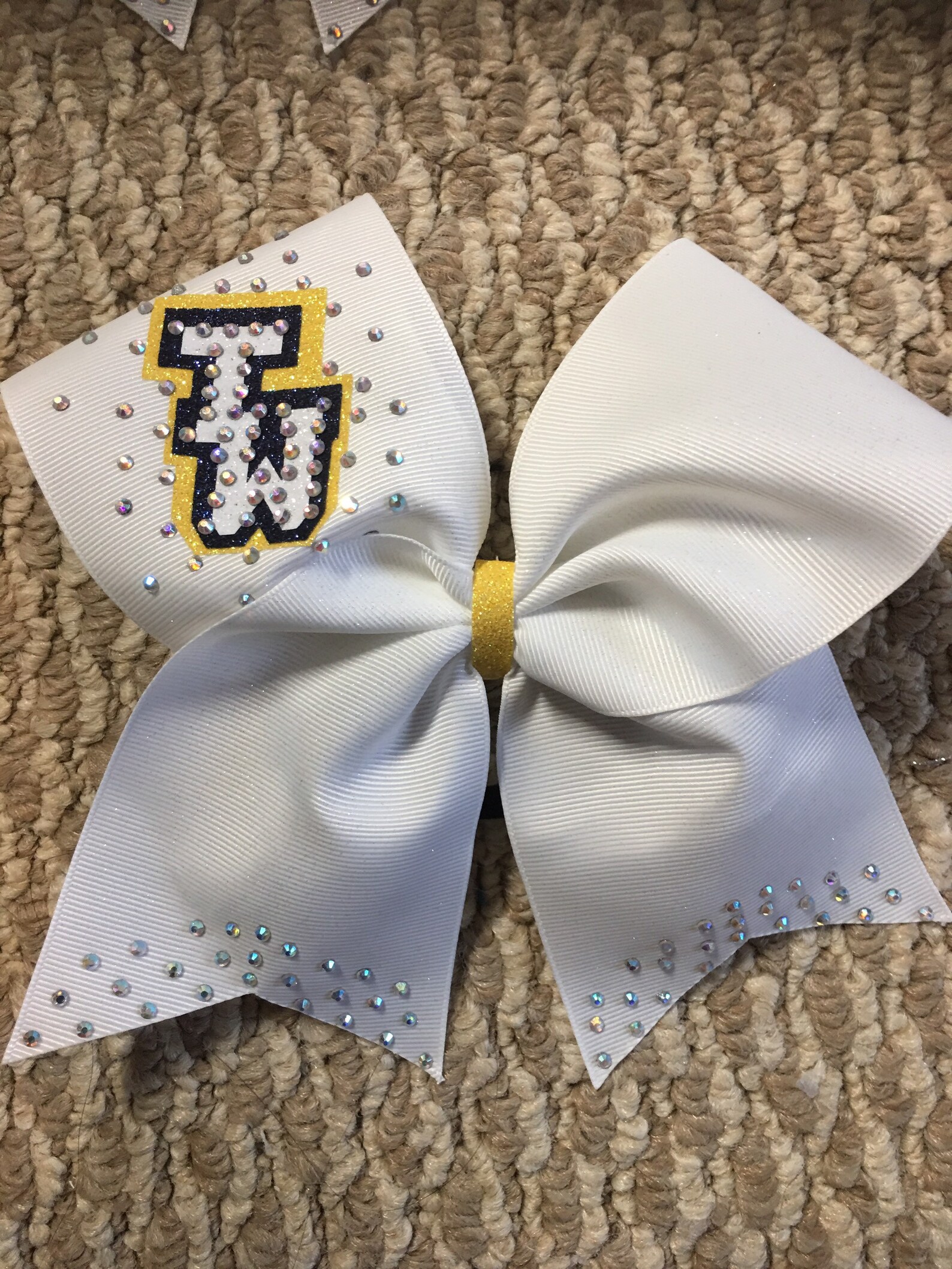 White Team Rhinestones Cheer Bow-personalized White, Blue and Yellow ...