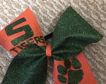 Forest Green and orange competition glitter cheer bow- sideline