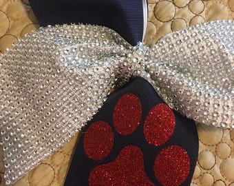 Navy Blue , Silver and Red Paw print Cheer Bow- Blue, Red and Silver Cheer Bow- Rhinestones Cheer Bow- Cheer Bow- Competition Cheer Bow