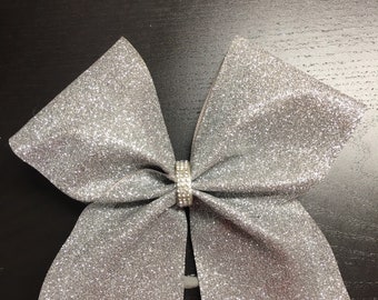 Silver Glitter Cheer Bow-Silver Bow with rhinestones, Silver cheer bow, competition Bow-Team Bow-Cheer Bow