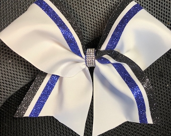White, Royal Blue snd Black Rhinestones cheer bow- cheer Bows- sideline Cheer Bow