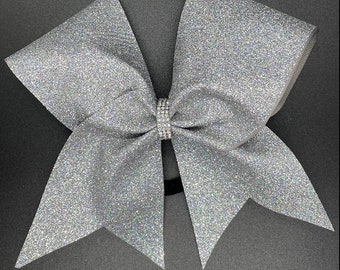 Silver Rainbow Glitter Cheer Bow-Silver Bow with rhinestones, Silver cheer bow, competition Bow-Team Bow-Cheer Bow- Silver Bow