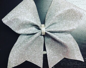 Silver Glitter Cheer Bow-Silver Bow with rhinestones, Silver cheer bow, competition Bow-Team Bow-Cheer Bow- Silver Bow