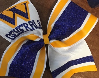 Royal blue, yellow and white glitter cheer Bow- personalized glitter cheer bow- Glitter cheer bow- competition glitter cheer bow- sideline c