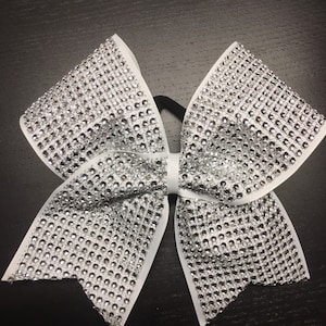 White Cheer Bow- Rhinestones Ribbon cheer bow- Silver Cheer Bow- CheerBow- Rhinestones Cheer Bow