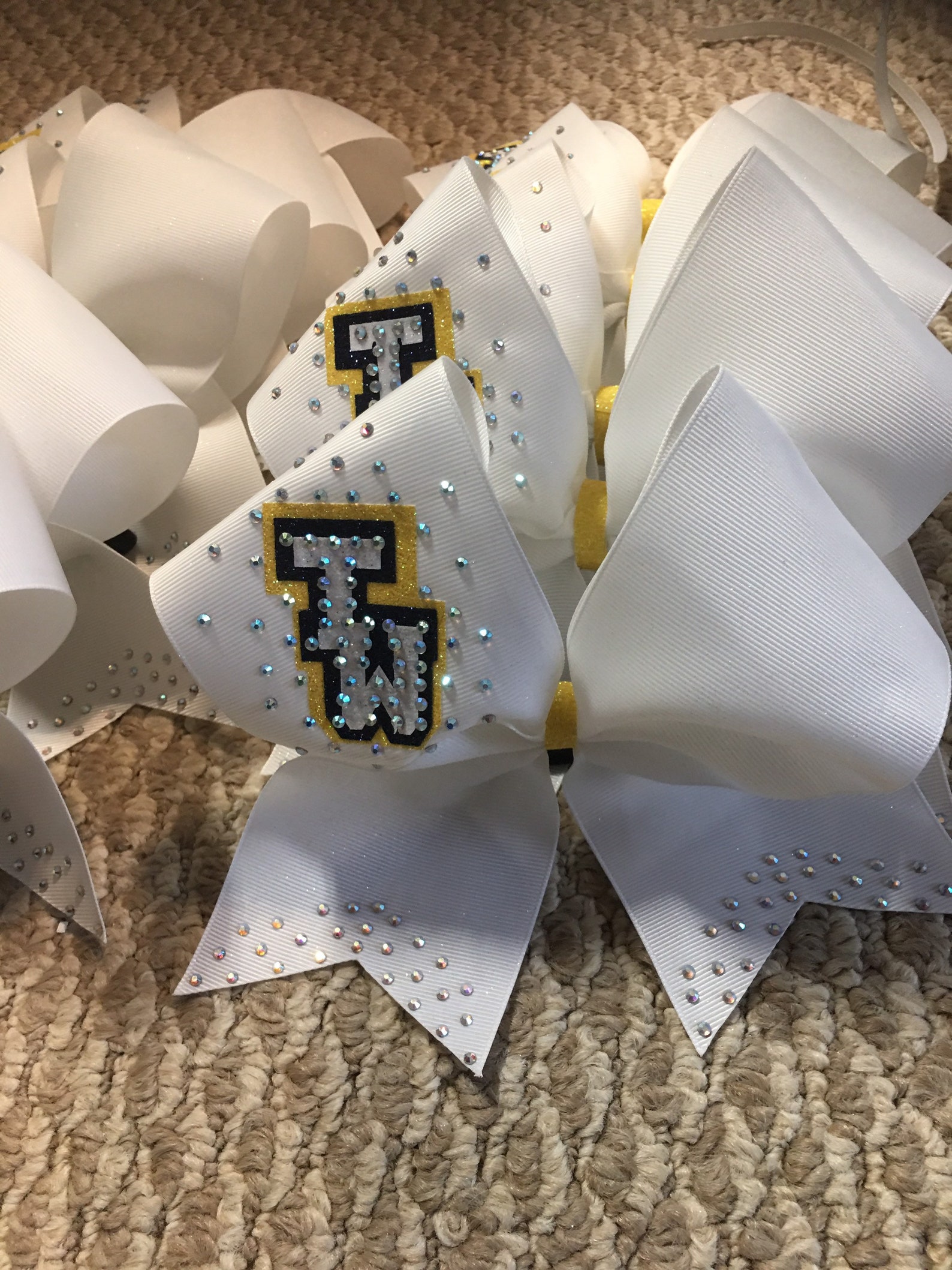 White Team Rhinestones Cheer Bow-personalized White, Blue and Yellow ...