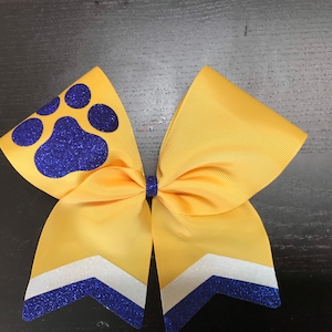 Royal blue, gold and white glitter cheer Bow- Paw Print cheer bow- Glitter cheer bow- Royal blue, yellow and white bow-team bow