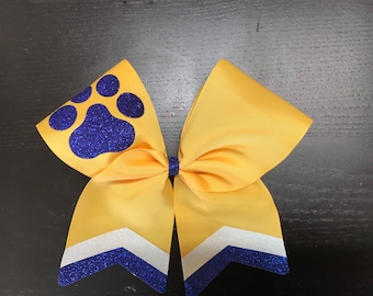 Royal blue, gold and white glitter cheer Bow- Paw Print cheer bow- Glitter cheer bow- Royal blue, yellow and white bow-team bow