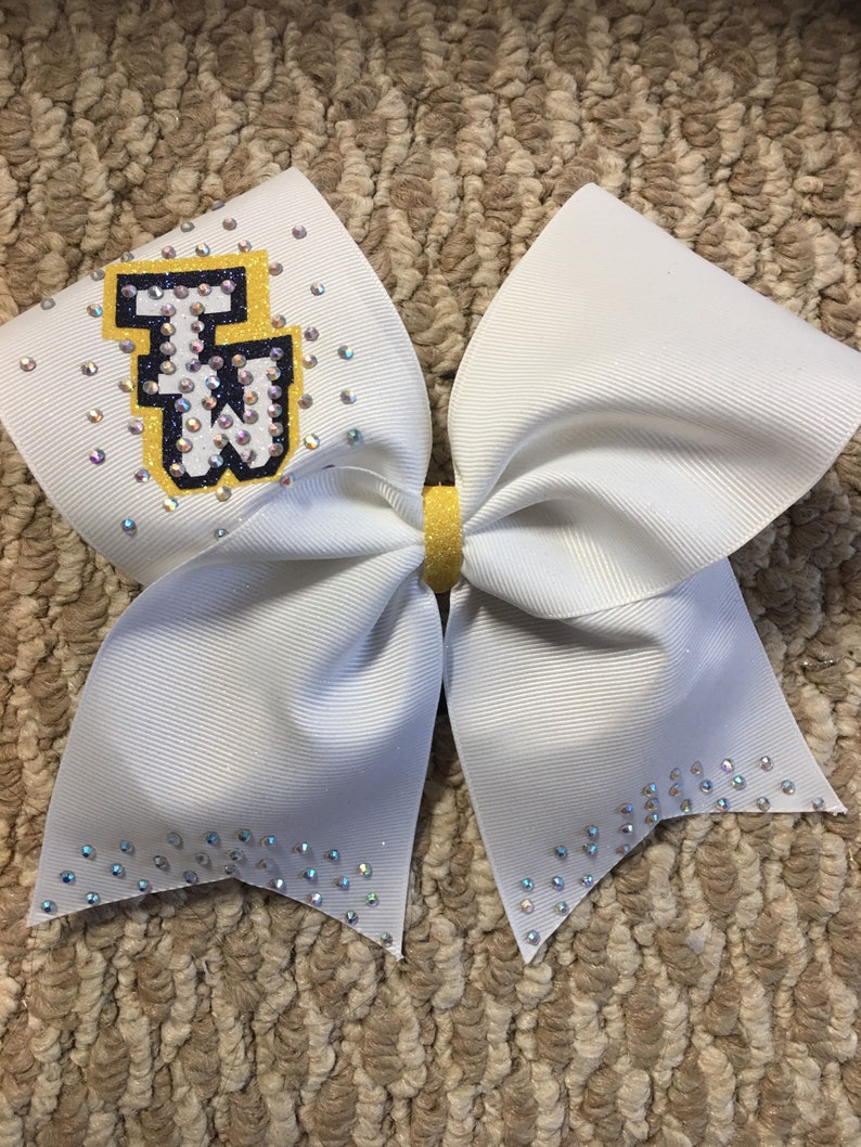 White Team Rhinestones Cheer Bow-personalized White, Blue and Yellow ...
