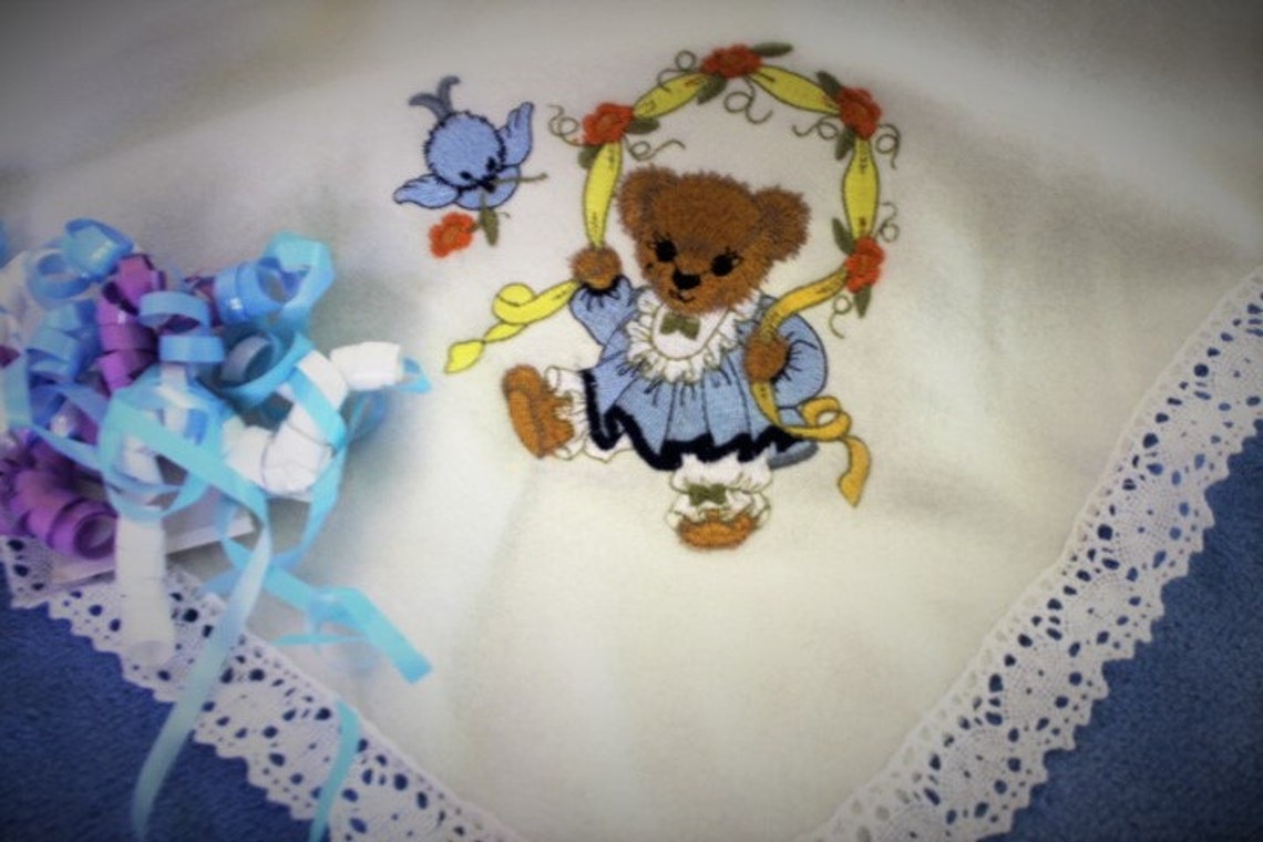 Baby Blanket Embroidered With Cotton Lace Edging Etsy