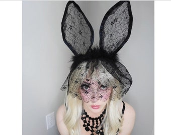 Black lace bunny ears. Gothic Petplay Ddlg Abdl submissive fetish kinky halloween