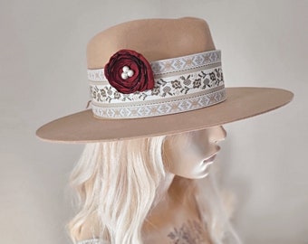 Boho retro hat band with removable flower.