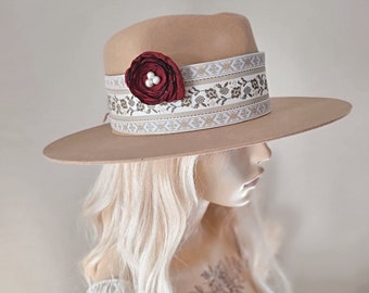 Boho retro hat band with removable flower. Coastal cowgirl.