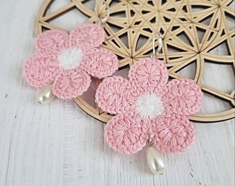 Bohemian flower and pearl crochet earrings. Pick your color