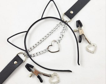 Kitten ears collar and nipple clamps set.