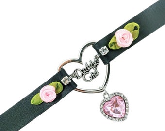 luxe heart daddys girl faux leather lolita bow rhinstone and roses day collar heart ddlg sissy