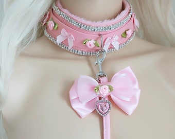 Conjunto de collar y correa de diamantes de imitación de lujo rosas y lazos petplay ddlg abdl cuero sintético rosa
