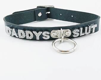 ADULTMATURE BDSM ddlg adbl Custom Personalized Heart Bondage vegan leather Choker Collar with Daddy/'s cumslut Printed tag Pendant charm