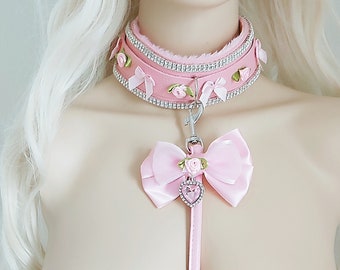 Luxury rhinestone collar and leash set roses and bows petplay ddlg abdl pink fake leather