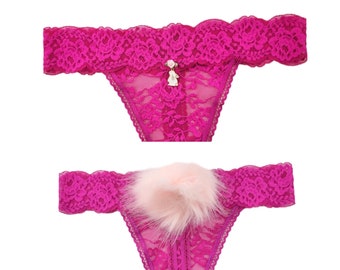 Sexy clip on bunny tail thong panties. Fluffy tail edition custom color.