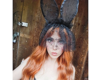 Black lace bunny ears. Gothic Petplay Ddlg Abdl submissive fetish kinky halloween