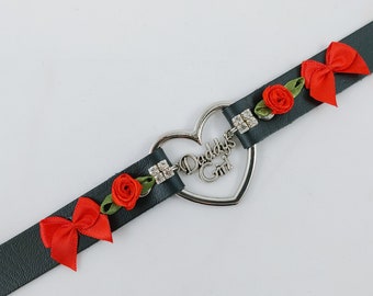 daddys girl faux leather lolita bow rhinstone and roses day collar heart ddlg BLACK AND RED edition