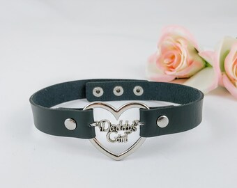 ADULTMATURE BDSM ddlg adbl Custom Personalized Heart Bondage vegan leather Choker Collar with Daddy/'s cumslut Printed tag Pendant charm
