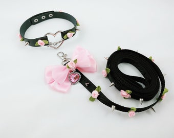 Luxury studded rose rhinestone collar and leash set angel bows petplay ddlg black fake leather