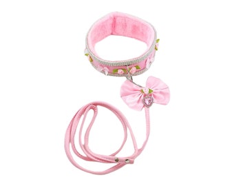 Luxury rhinestone collar and leash set roses and bows petplay ddlg abdl pink fake leather