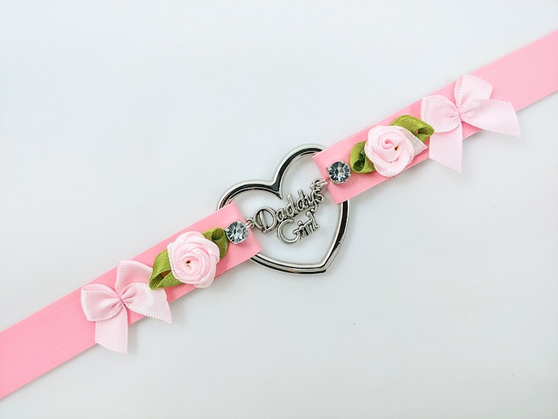 Daddys girl faux leather lolita bow rhinstone and roses day collar heart ddlg 