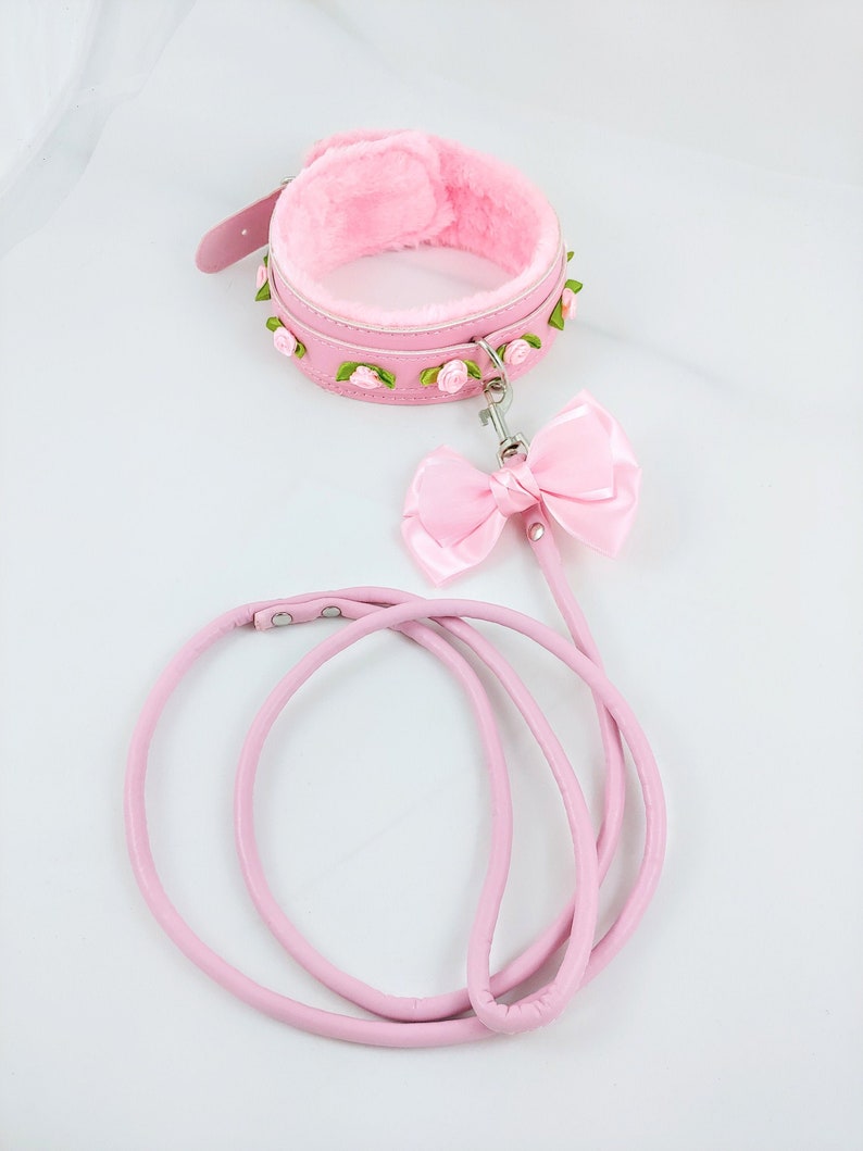 Luxury rose collar and leash set roses and bows petplay ddlg black fake leather