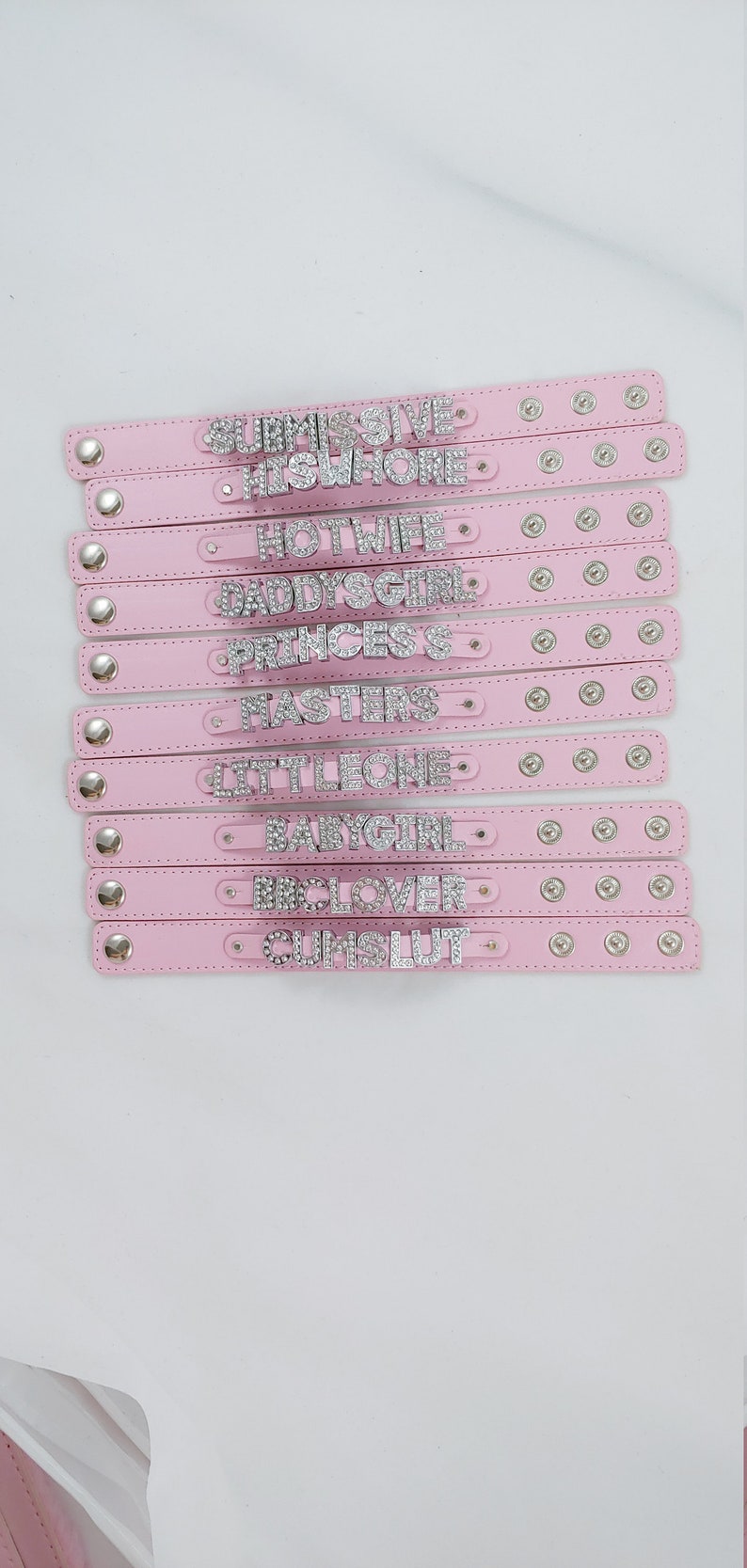 Ddlg submissive bdsm fetish kinky CUSTOM wording rhinestone pink leather bracelet
