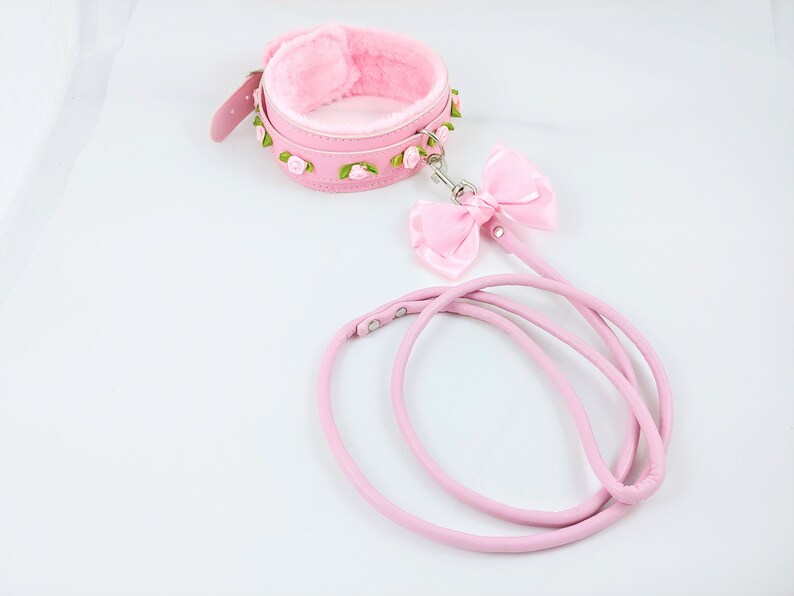 Luxury rose collar and leash set roses and bows petplay ddlg black fake leather