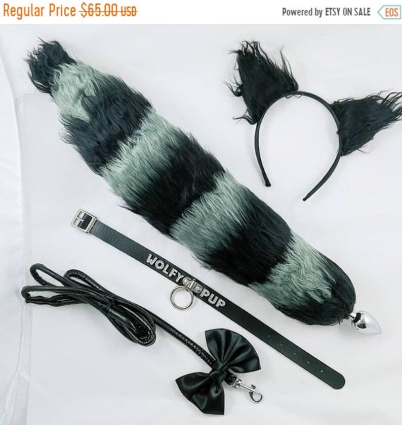 10offsale Wolf racoon puppy set bdsm playset petplay buttplug fetish kinky tail ears collar leash lolita