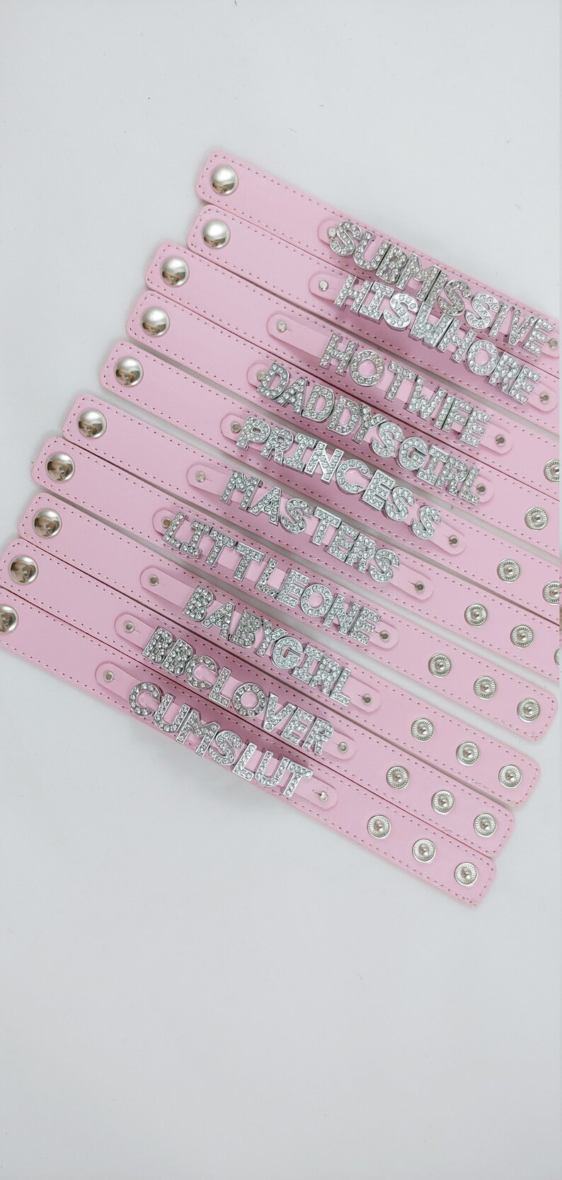 Ddlg submissive bdsm fetish kinky CUSTOM wording rhinestone pink leather bracelet