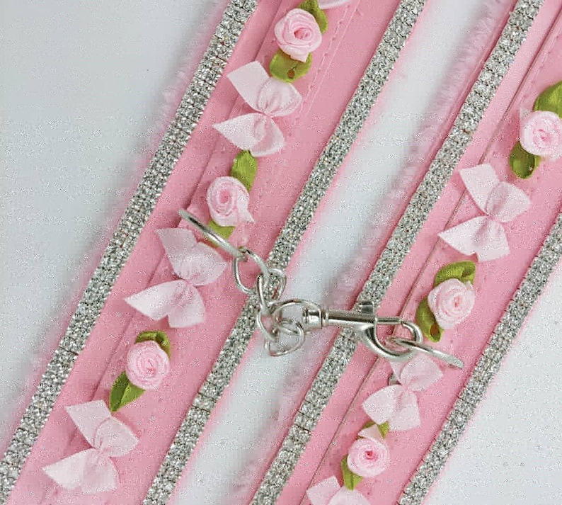Op de afbeelding: Roze en witte hondenriem met zilveren strass steentjes en roze bloemenversieringen.