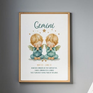 Gemini Zodiac Nursery Art - Cute Watercolor Twins Digital Printable ...