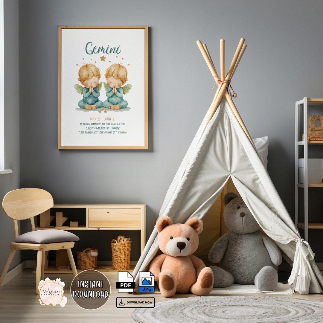 Gemini Zodiac Nursery Art - Cute Watercolor Twins Digital Printable ...