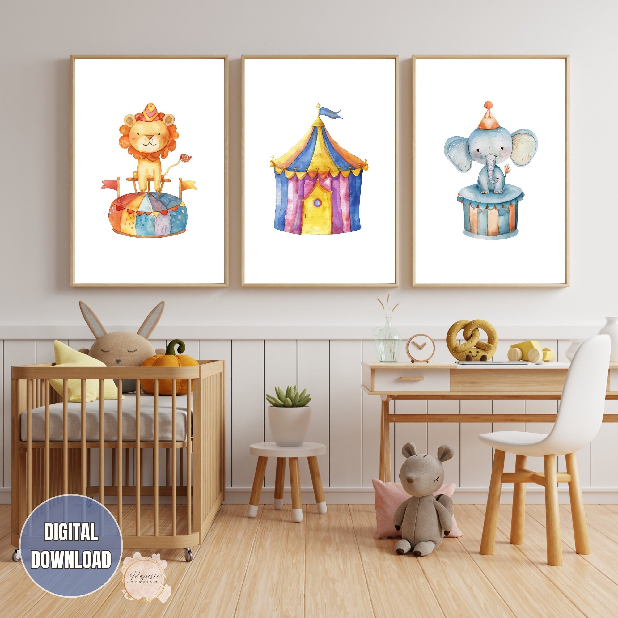 3pc Watercolor Nursery Circus Wall Art, Nursery Digital Prints, Circus ...