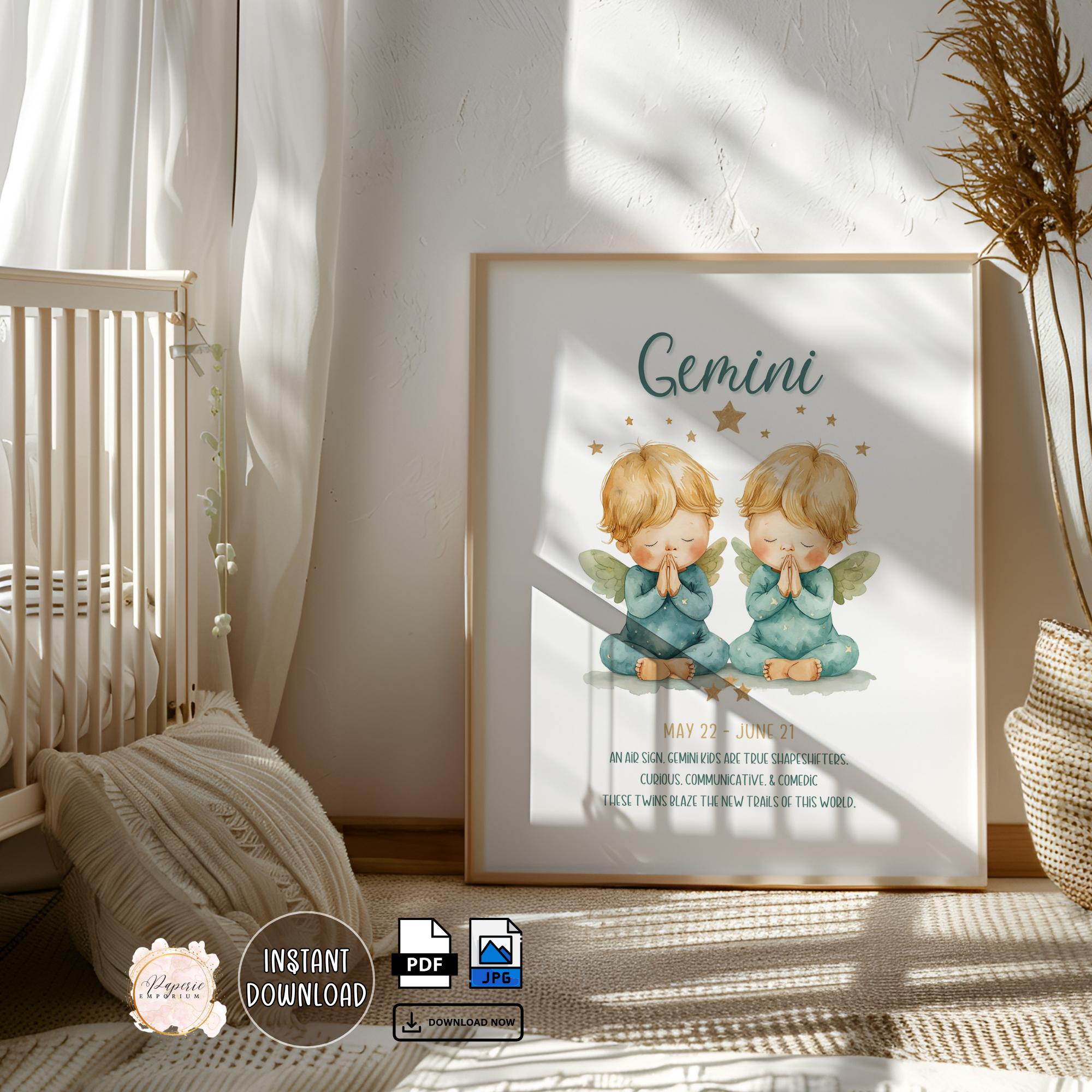 Gemini Zodiac Nursery Art - Cute Watercolor Twins Digital Printable ...