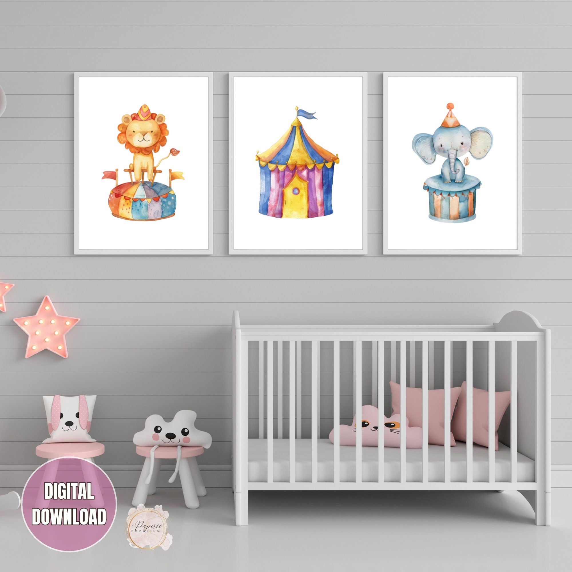3pc Watercolor Nursery Circus Wall Art, Nursery Digital Prints, Circus ...